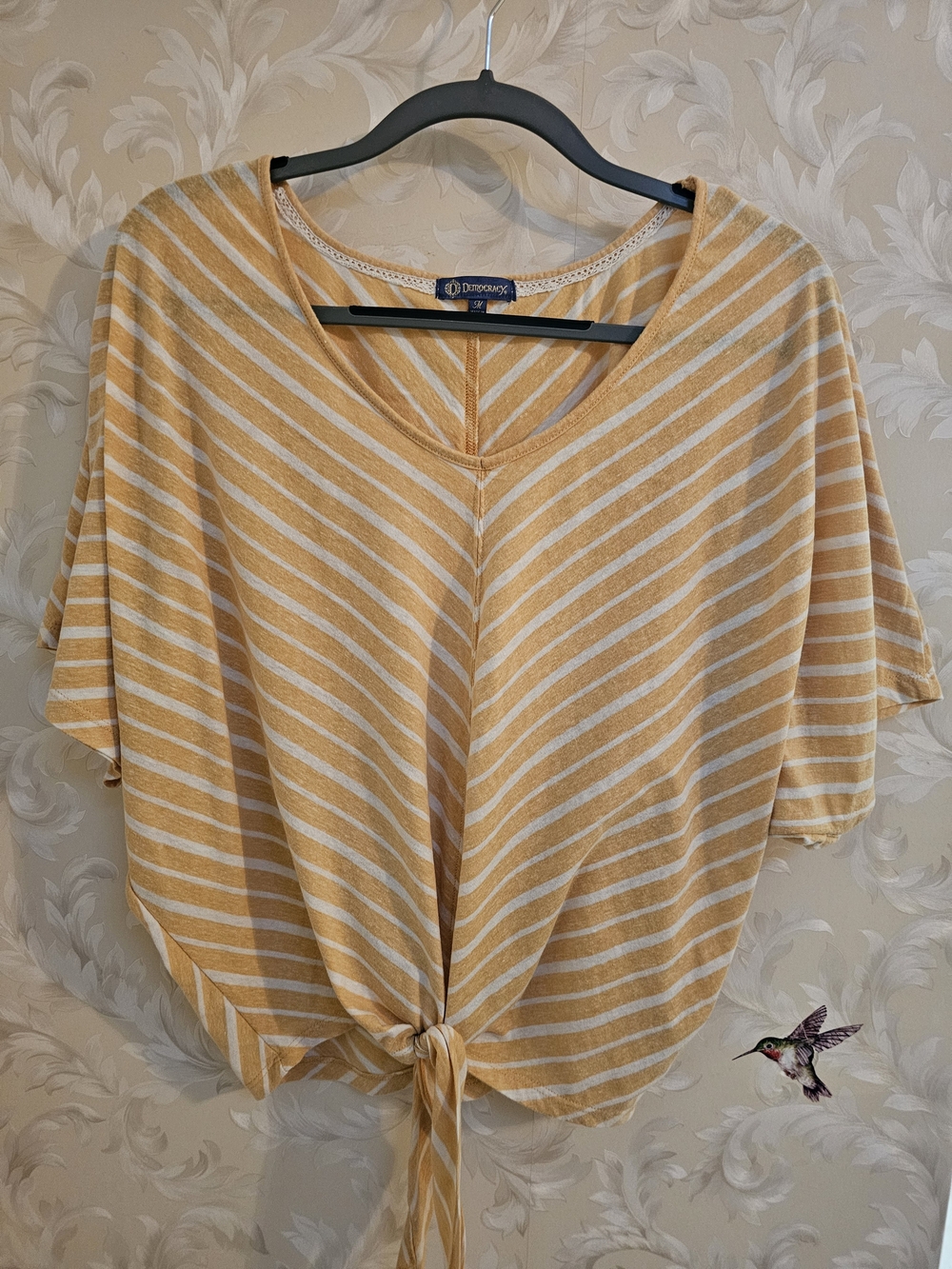 Democracy Mustard and White Striped Tie-Front V-Neck Tunic